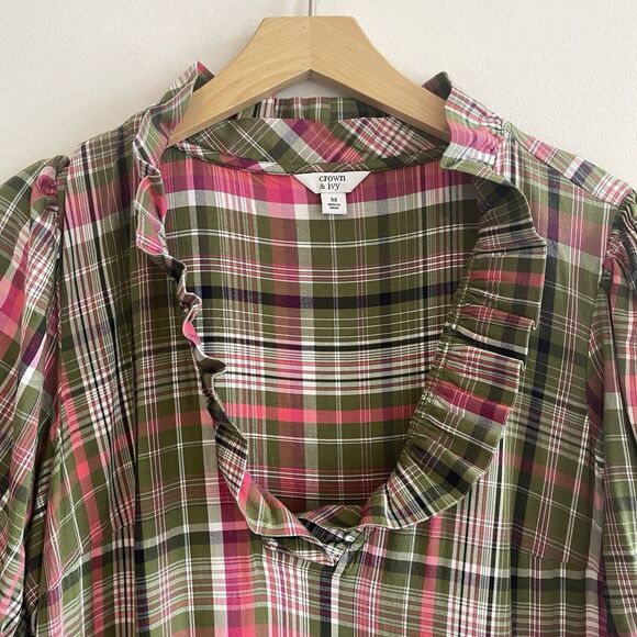 POCKETS! Crown & Ivy Tiered Maxi Dress Olive Wahoo Plaid Ruffle Neck Size M - Picture 4 of 12